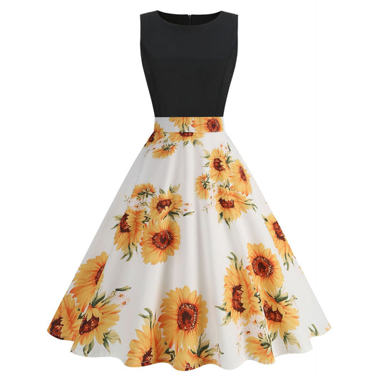1950S Black Sleeveless Retro Sunflower Print Vintage Dress