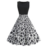 1950S Black Sleeveless Retro Sunflower Print Vintage Dress