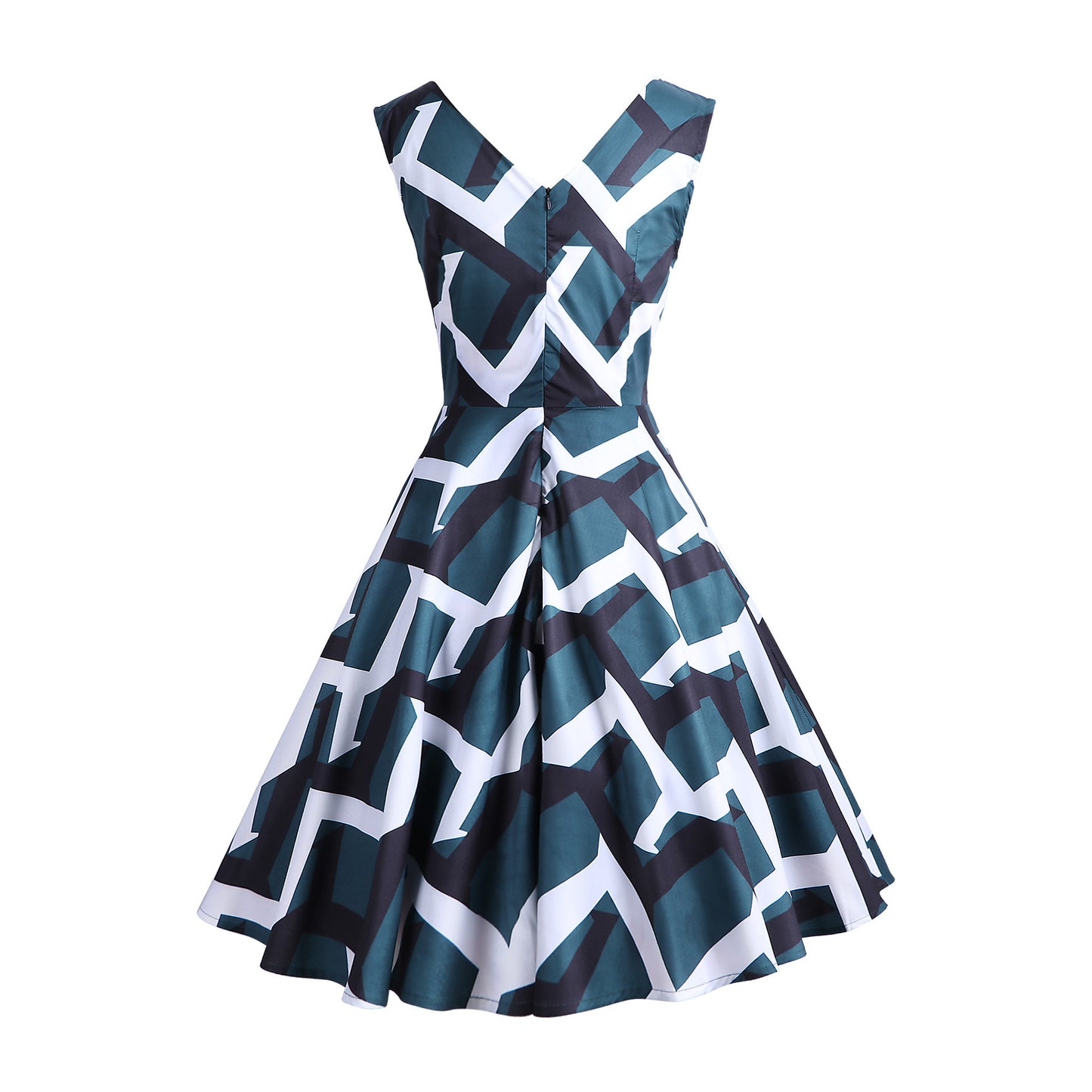 1950S Blue and Pink Paisley Print V-Neck Sleeveless Vintage Dress
