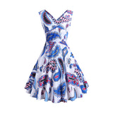 1950S Blue and Pink Paisley Print V-Neck Sleeveless Vintage Dress