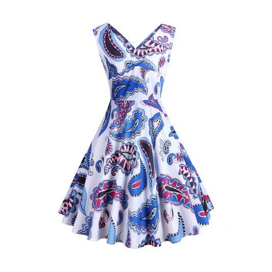1950S Blue and Pink Paisley Print V-Neck Sleeveless Vintage Dress