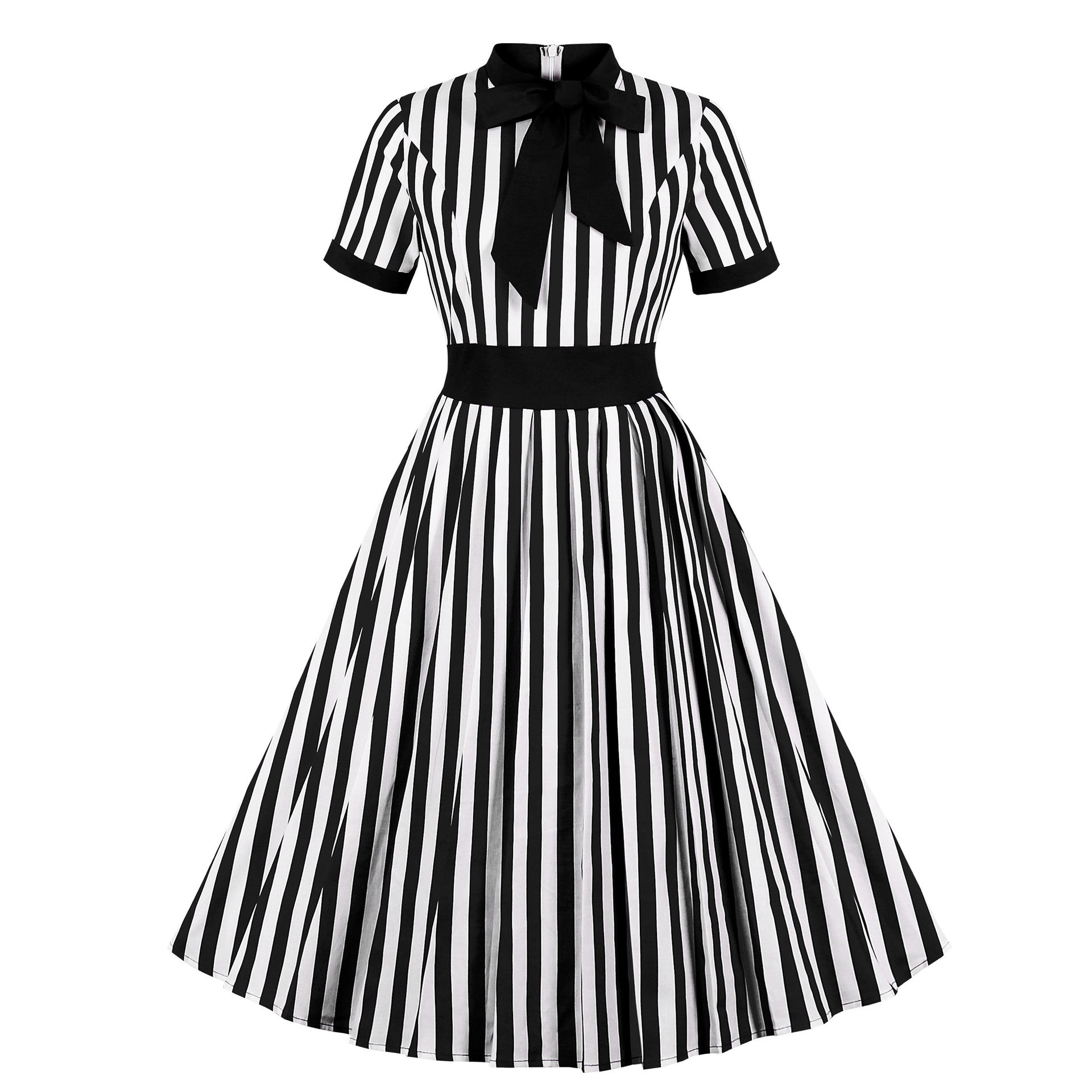 1950S Blue and White Striped Retro Belted Short Sleeve Vintage Dress