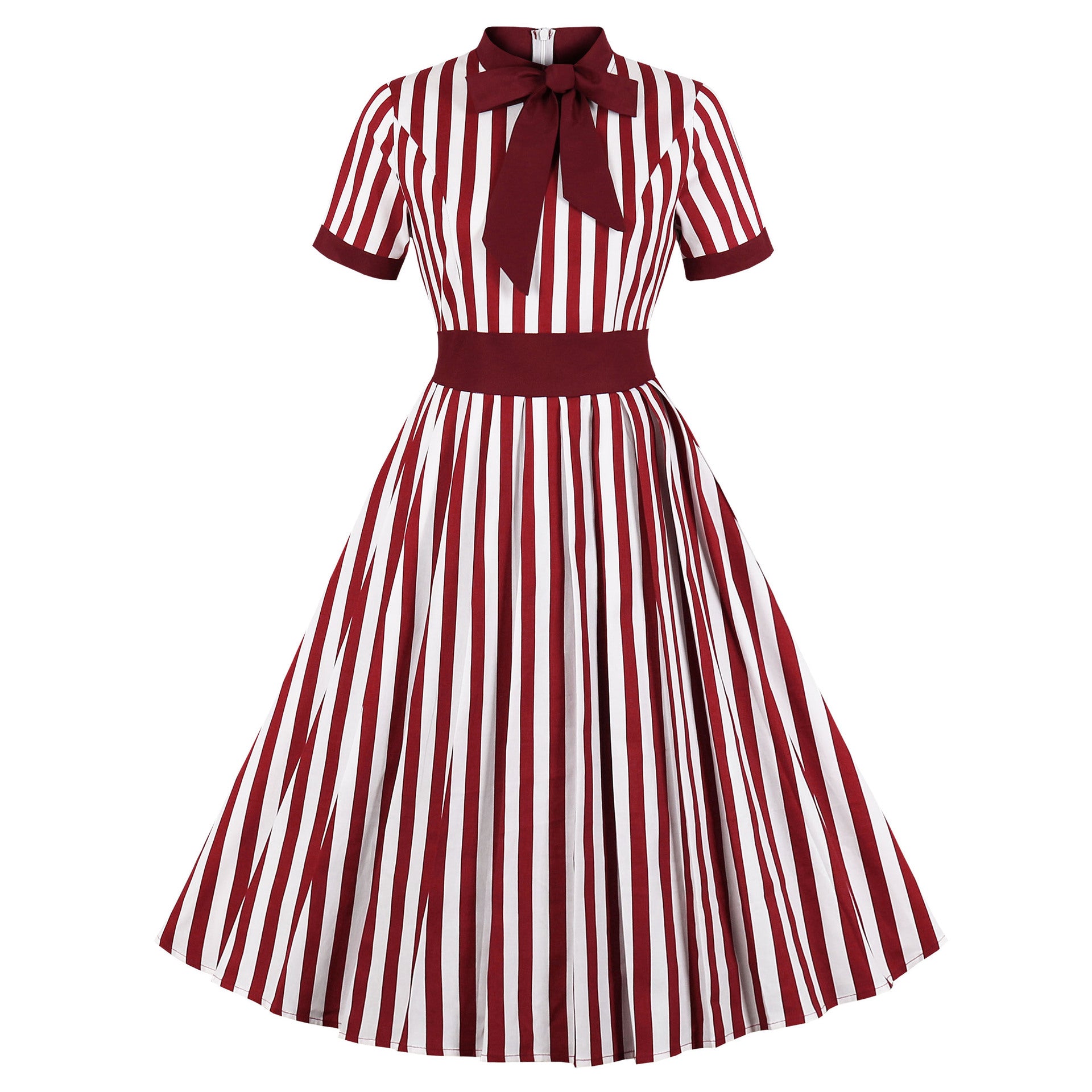 1950S Blue and White Striped Retro Belted Short Sleeve Vintage Dress