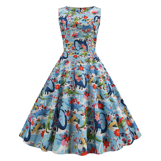 1950S Blue Dinosaur Print Retro Sleeveless Vintage Dress