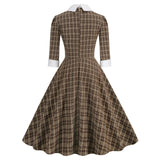 1950S Brown Plaid Peter Pan Collar 3/4 Sleeve Vintage Dress