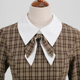 1950S Brown Plaid Peter Pan Collar 3/4 Sleeve Vintage Dress