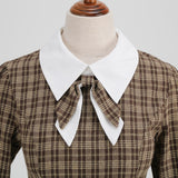 1950S Brown Plaid Peter Pan Collar 3/4 Sleeve Vintage Dress