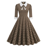 1950S Brown Plaid Peter Pan Collar 3/4 Sleeve Vintage Dress