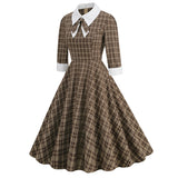 1950S Brown Plaid Peter Pan Collar 3/4 Sleeve Vintage Dress