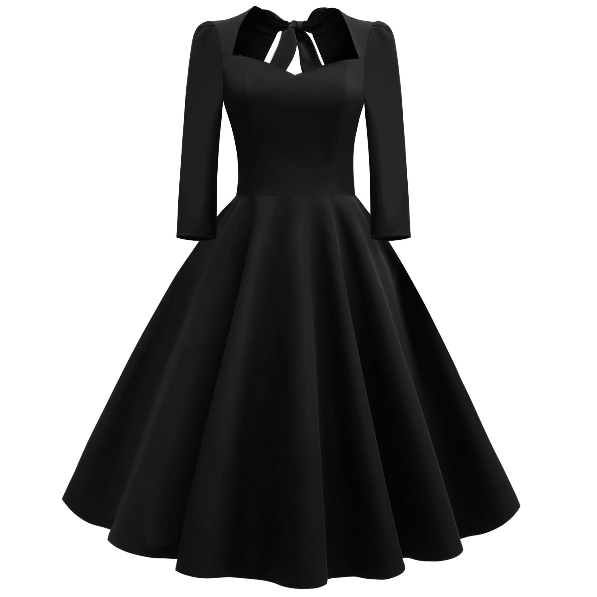 1950S Burgundy Bow Tie Neck 3/4 Sleeve Vintage Swing Dress