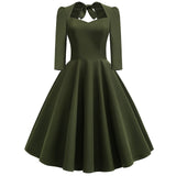 1950S Burgundy Bow Tie Neck 3/4 Sleeve Vintage Swing Dress