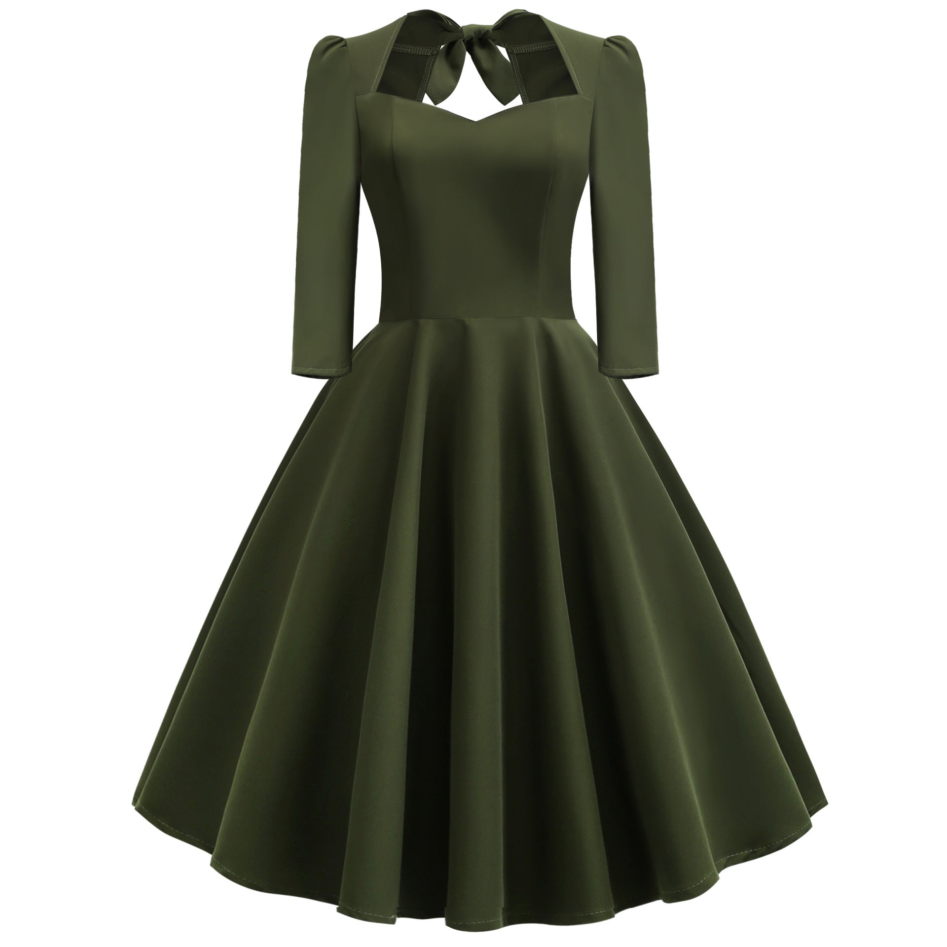 1950S Burgundy Bow Tie Neck 3/4 Sleeve Vintage Swing Dress