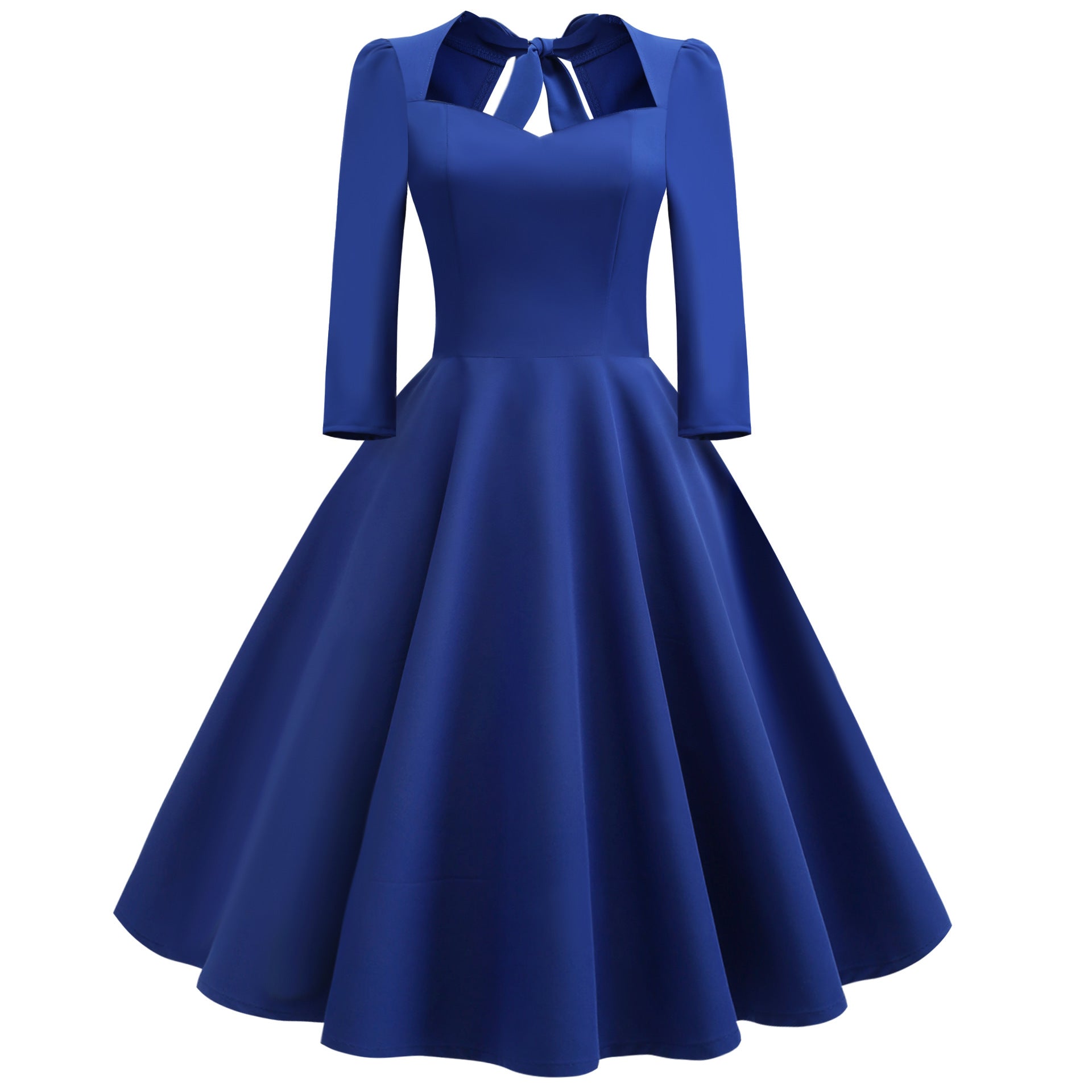 1950S Burgundy Bow Tie Neck 3/4 Sleeve Vintage Swing Dress