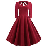 1950S Burgundy Bow Tie Neck 3/4 Sleeve Vintage Swing Dress