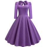 1950S Burgundy Bow Tie Neck 3/4 Sleeve Vintage Swing Dress