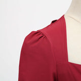 1950S Burgundy Bow Tie Neck 3/4 Sleeve Vintage Swing Dress