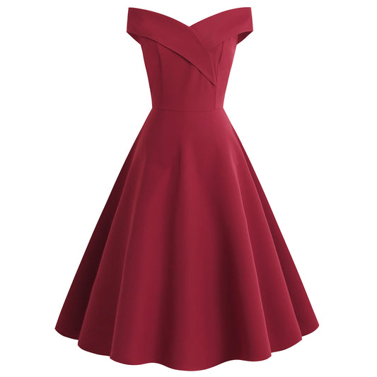 1950S Burgundy Off-Shoulder Retro Pleated Vintage Dress