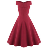 1950S Burgundy Off-Shoulder Retro Pleated Vintage Dress
