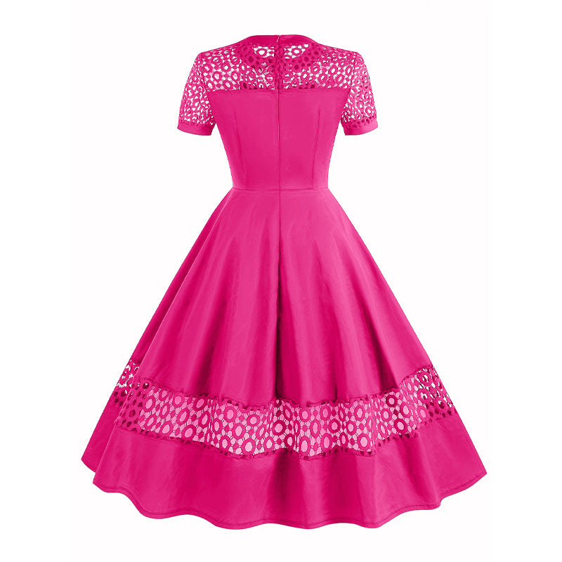 1950S Burgundy Retro Lace Insert Short Sleeve Vintage Dress