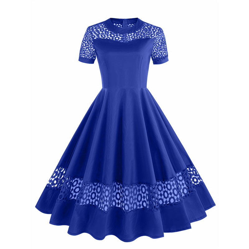 1950S Burgundy Retro Lace Insert Short Sleeve Vintage Dress