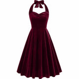 1950s Burgundy Velvet Halter Neck Vintage Dress