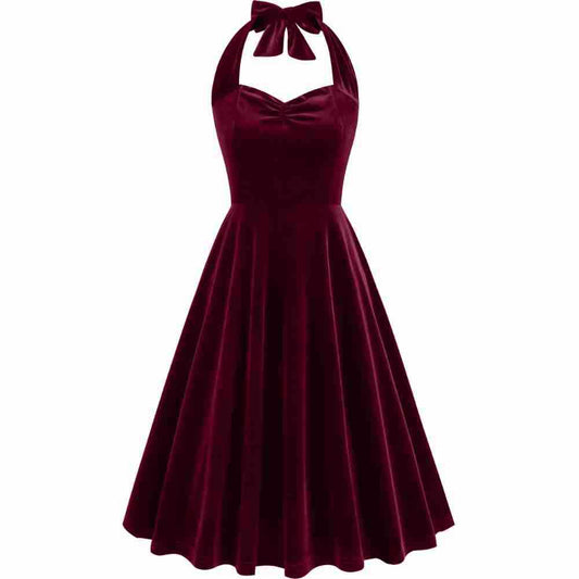 1950s Burgundy Velvet Halter Neck Vintage Dress