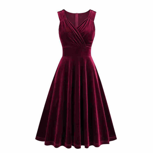 1950S Burgundy Velvet Sleeveless Vintage Dress