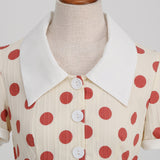 1950S Cream Retro Red Polka Dot Buttoned Short Sleeve Vintage Dress