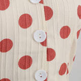 1950S Cream Retro Red Polka Dot Buttoned Short Sleeve Vintage Dress