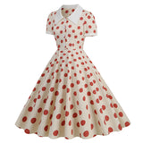 1950S Cream Retro Red Polka Dot Buttoned Short Sleeve Vintage Dress