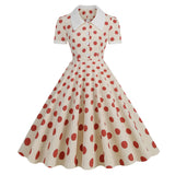 1950S Cream Retro Red Polka Dot Buttoned Short Sleeve Vintage Dress