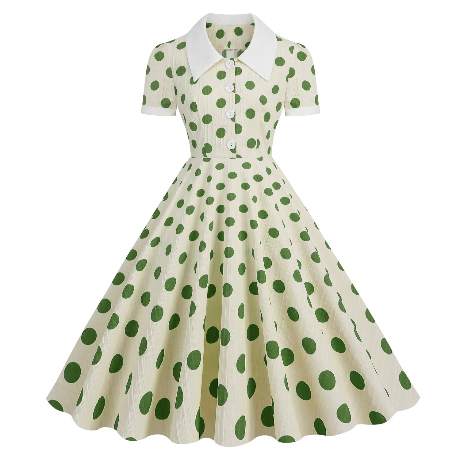 1950S Cream Retro Red Polka Dot Buttoned Short Sleeve Vintage Dress