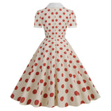 1950S Cream Retro Red Polka Dot Buttoned Short Sleeve Vintage Dress