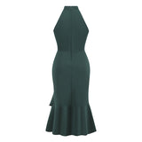 1950S Dark Green Halter Neck Ruffle Hem Sleeveless Vintage Dress