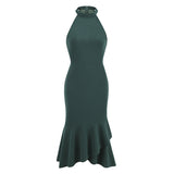 1950S Dark Green Halter Neck Ruffle Hem Sleeveless Vintage Dress