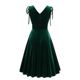 1950S Dark Green Velvet Retro Sleeveless Bow-Tie Shoulder Vintage Dress
