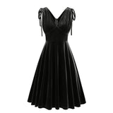 1950S Dark Green Velvet Retro Sleeveless Bow-Tie Shoulder Vintage Dress