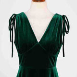1950S Dark Green Velvet Retro Sleeveless Bow-Tie Shoulder Vintage Dress