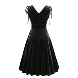 1950S Dark Green Velvet Retro Sleeveless Bow-Tie Shoulder Vintage Dress