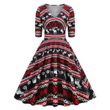 1950S Festive Red and Green Reindeer Print Belted Long Sleeve Vintage Dress