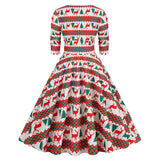 1950S Festive Red and Green Reindeer Print Belted Long Sleeve Vintage Dress