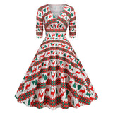 1950S Festive Red and Green Reindeer Print Belted Long Sleeve Vintage Dress