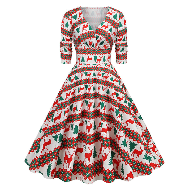 1950S Festive Red and Green Reindeer Print Belted Long Sleeve Vintage Dress
