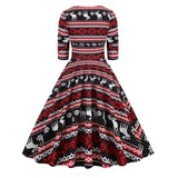 1950S Festive Red and Green Reindeer Print Belted Long Sleeve Vintage Dress