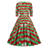 1950S Festive Red and Green Reindeer Print Belted Long Sleeve Vintage Dress