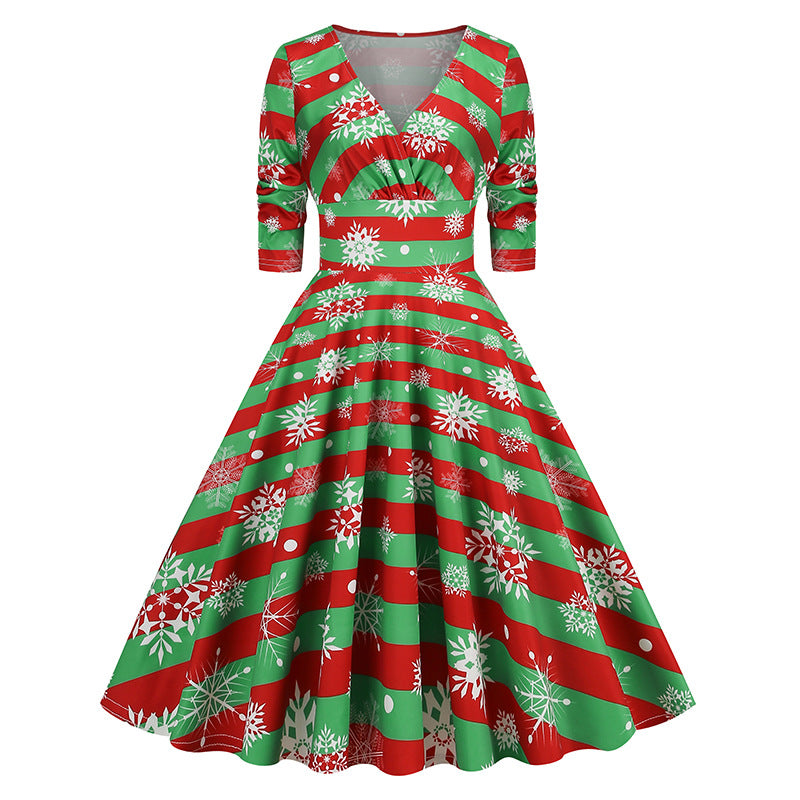 1950S Festive Red and Green Reindeer Print Belted Long Sleeve Vintage Dress