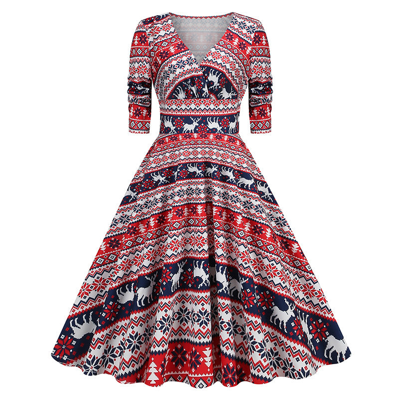 1950S Festive Red and Green Reindeer Print Belted Long Sleeve Vintage Dress