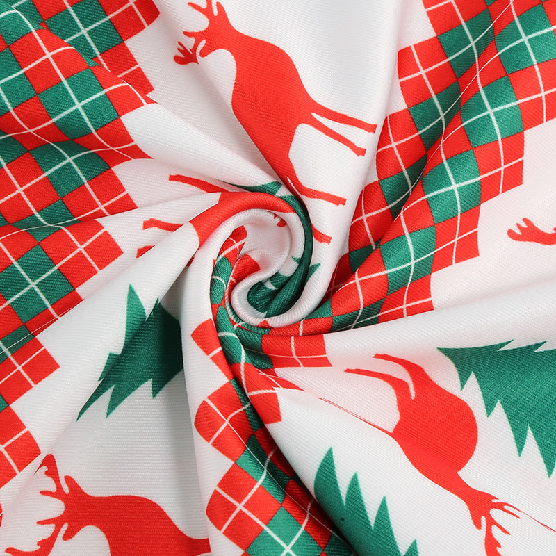 1950S Festive Red and Green Reindeer Print Belted Long Sleeve Vintage Dress