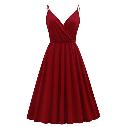 1950S Red Floral Print Spaghetti Strap V-Neck Vintage Dress