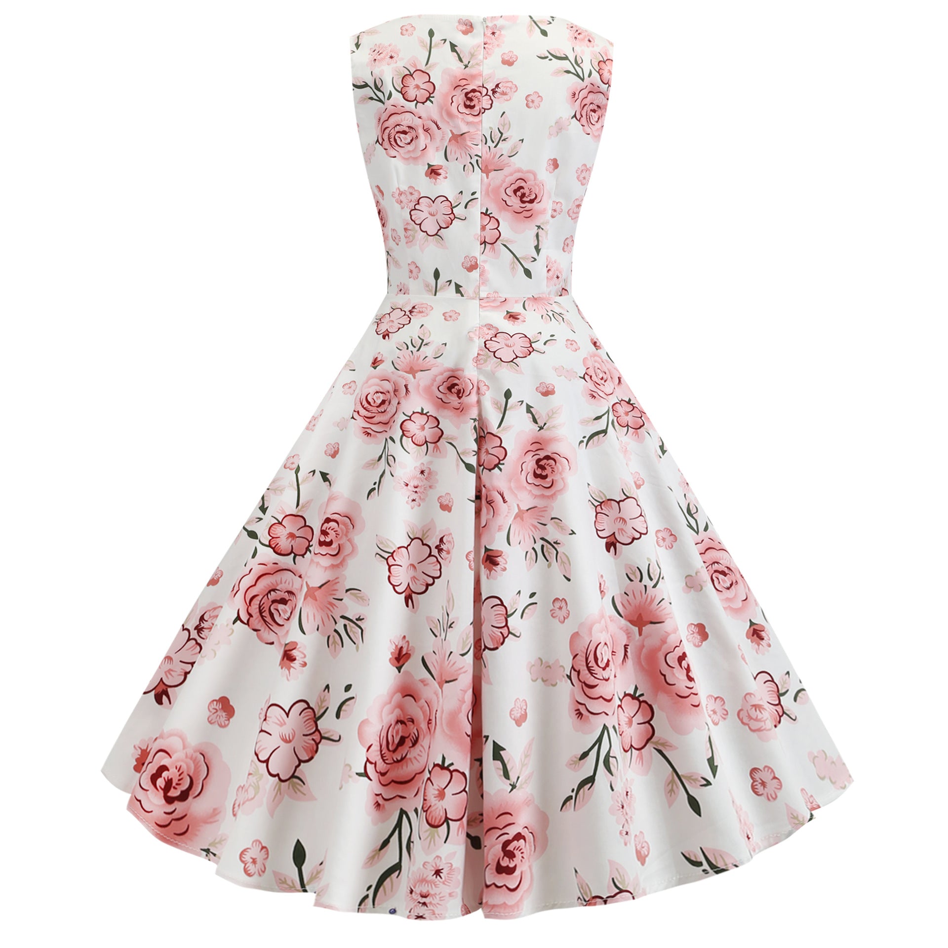 1950S Green Floral Sleeveless Vintage Swing Dress